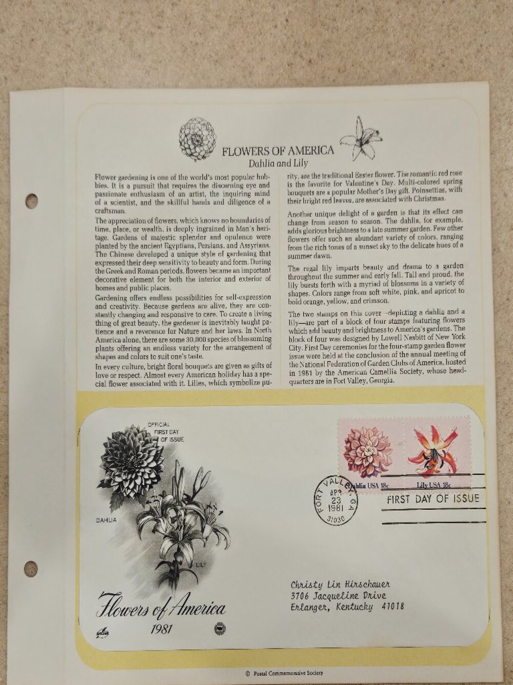 RARE COLLECTIBLE USPS 1ST DAY ISSUE COVER FLOWERS OF AMERICA DAHLIA LILY STAMP